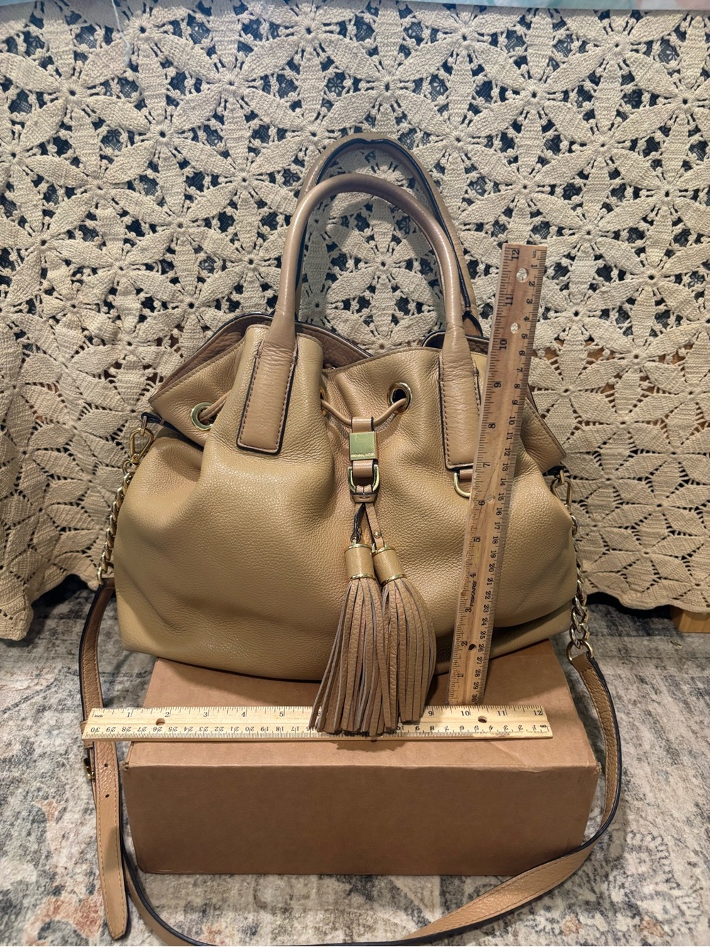 Women’s Tassel Drawstring Satchel Bag in Tan - Stylish Everyday Handbag